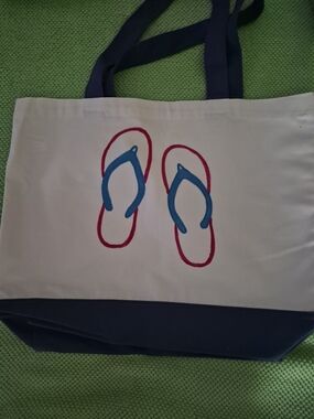 Canvas Tote Bag with Flip-Flop Print in White,  Navy, & Red. Hand Painted By Me
